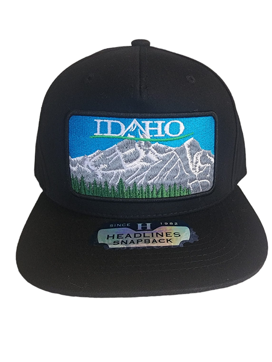 Flat bill snap back hat with embroidered Idaho patch