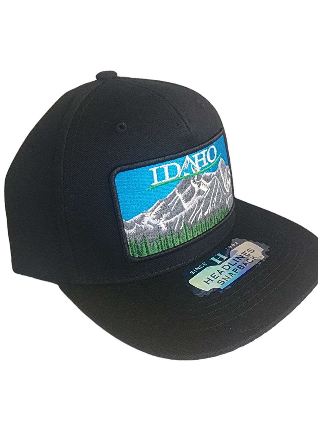 Flat bill snap back hat with embroidered Idaho patch