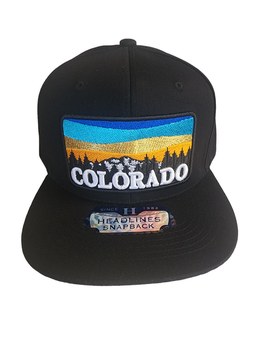 Flat bill trucker snap back hat with embroidered colorado patch