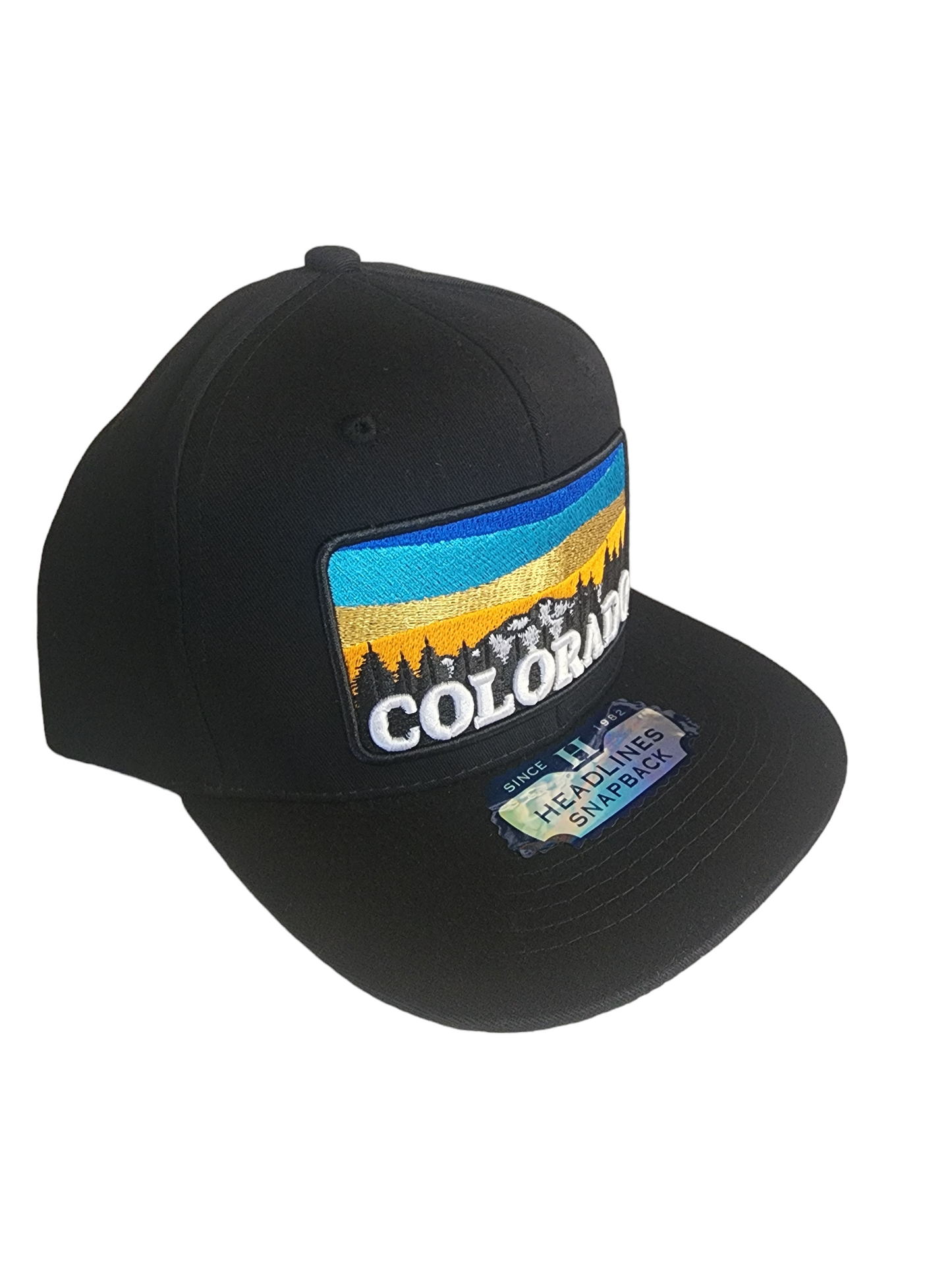 Flat bill trucker snap back hat with embroidered colorado patch